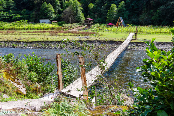Wooden footbridge over the river, with farmsteads and gardens on the far bank