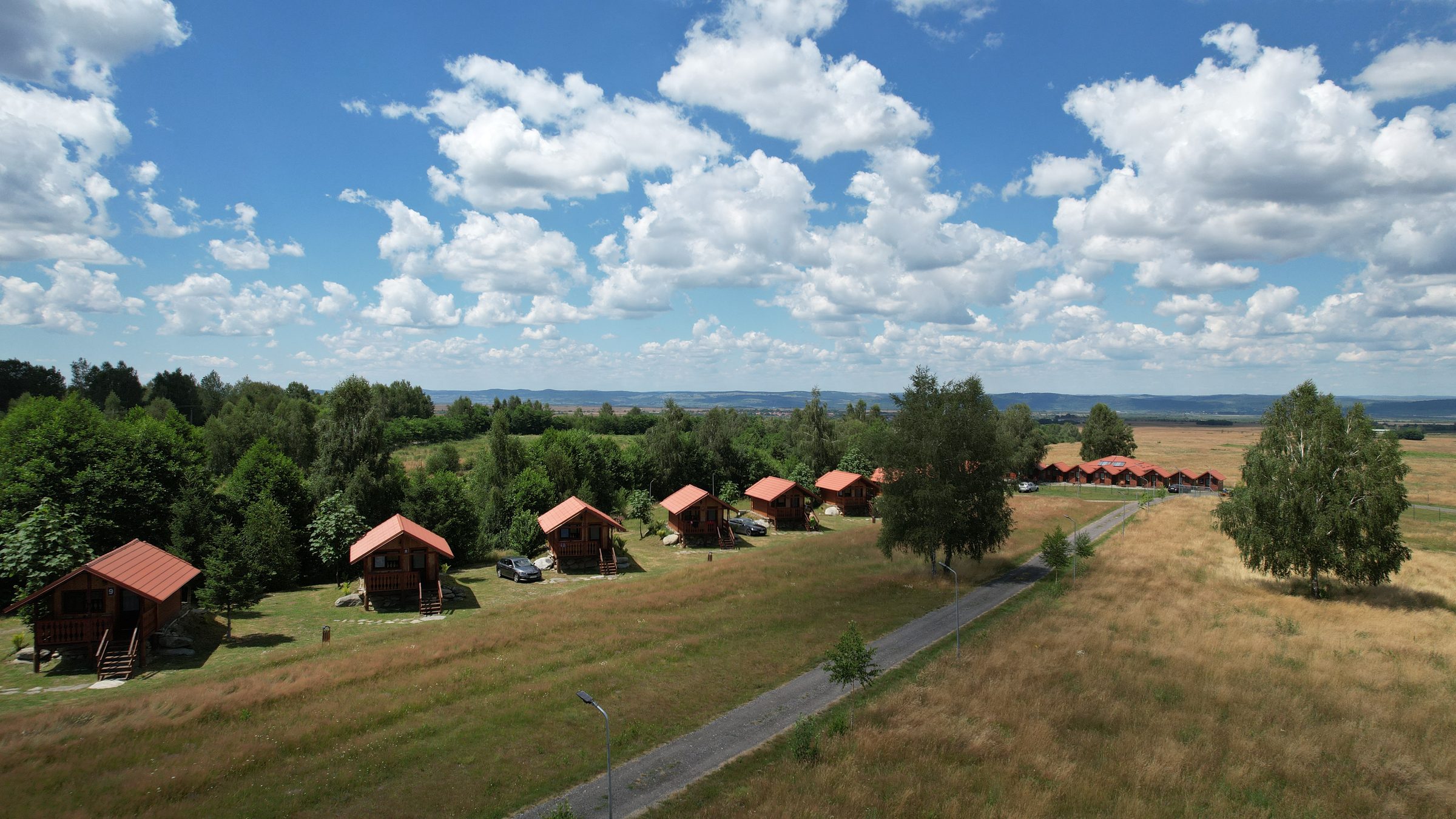 The wooden holiday cabins seen from above, on the meadow beside the forest